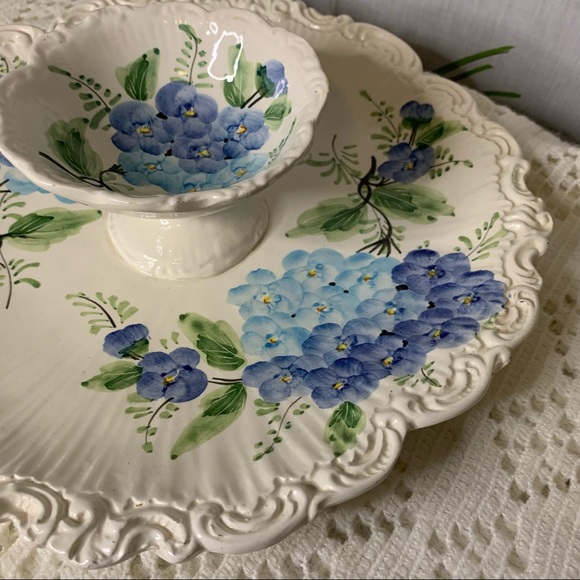 Italian pottery serving plate hand painted hydrangea art nouveau swirl edge - Picture 5 of 8